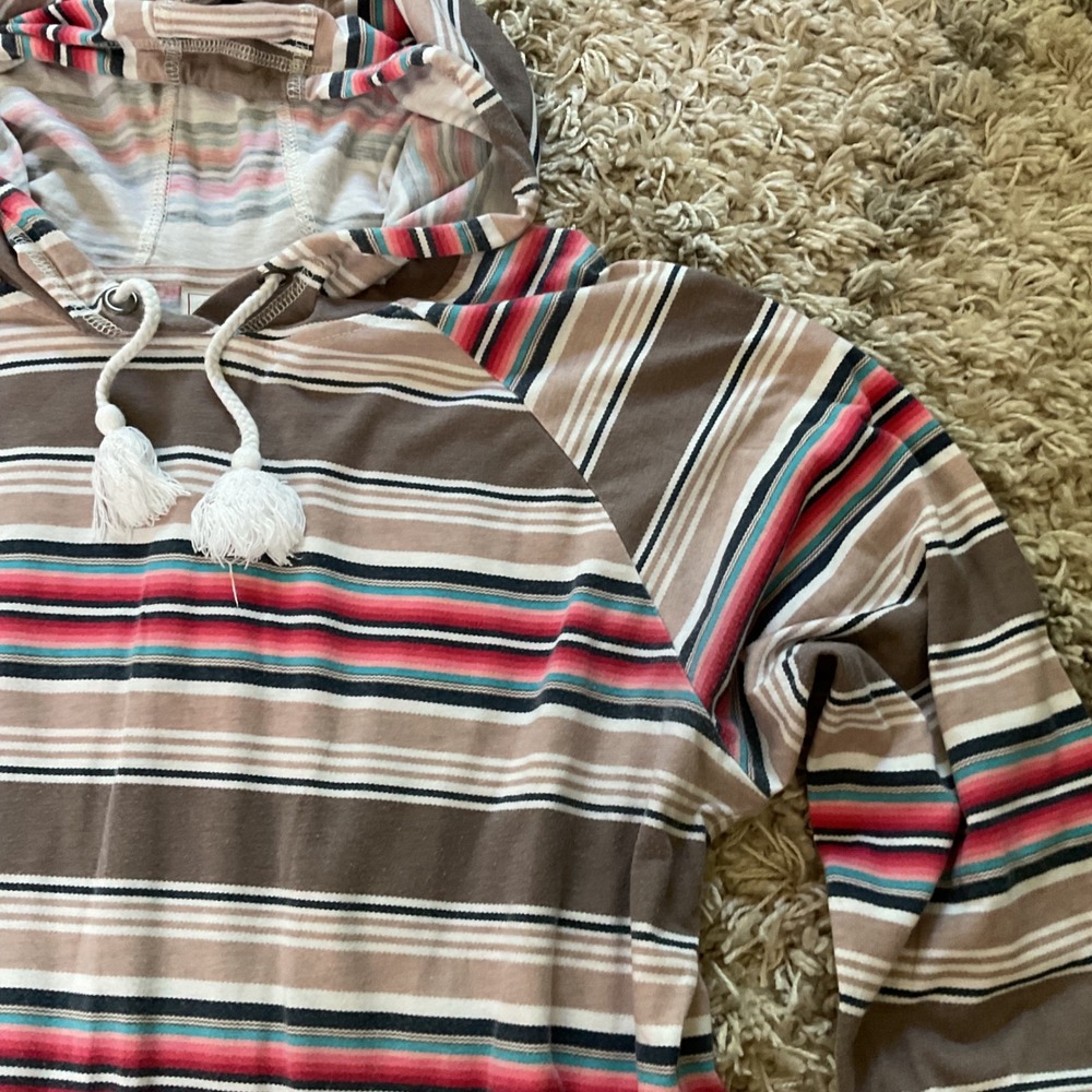Ariat Womens Serape Stripe Lightweight Hoodie Tassel Drawstring Top Brown Pink L - Picture 6 of 14